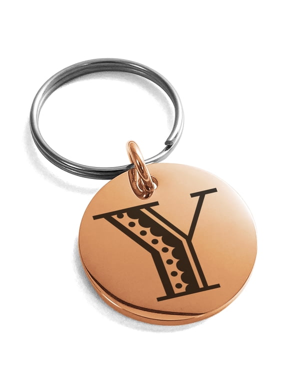 Stainless Steel Letter Y Initial Metro Retro Monogram Engraved Small Medallion Circle Charm Keychain Keyring