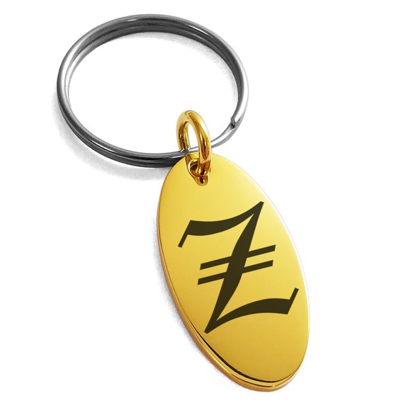 Stainless Steel Letter Z Initial Old English Monogram Engraved Small Oval Charm Keychain Keyring