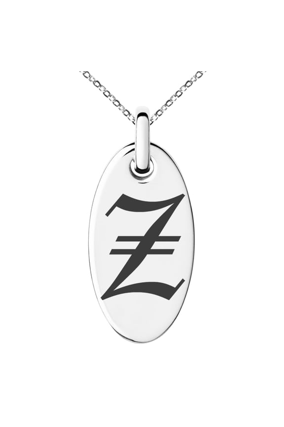 Stainless Steel Letter Z Initial Old English Monogram Engraved Small Oval Charm Pendant Necklace
