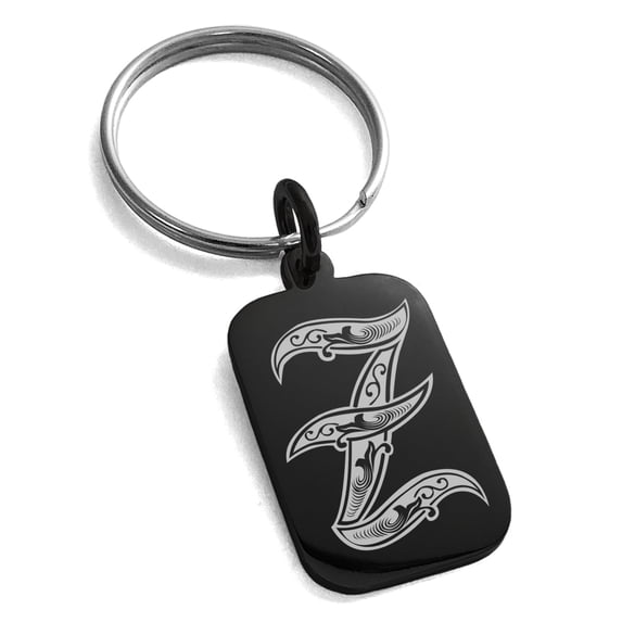 Stainless Steel Letter Z Initial Royal Monogram Engraved Small Rectangle Dog Tag Charm Keychain Keyring