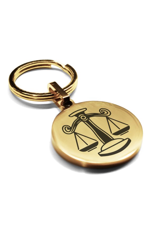 Stainless Steel Libra Zodiac (Scales) Round Medallion Keychain Circle Ring