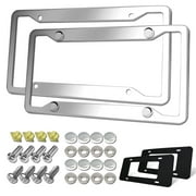 Stainless Steel License Plate Frames- 2 Pack Chrome mirror Metal Car Tag Holder, with Screws, Silver