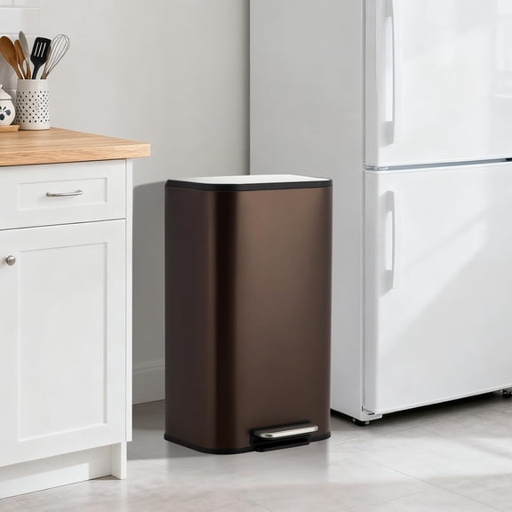 Stainless Steel  with Lid, 8 Gallon Step-On Garbage Bin for Kitchen Bathroom Office Living Room, Brown Rectangular Waste Bin with Removable Inner Bucket