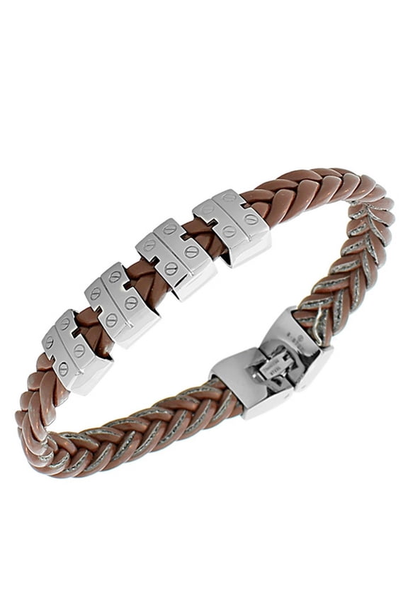 Stainless Steel Light Brown Faux PU Leather Braided Silver-Tone Men's Bracelet