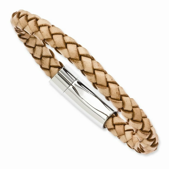 Stainless Steel Light Tan Leather 8.5in Bracelet