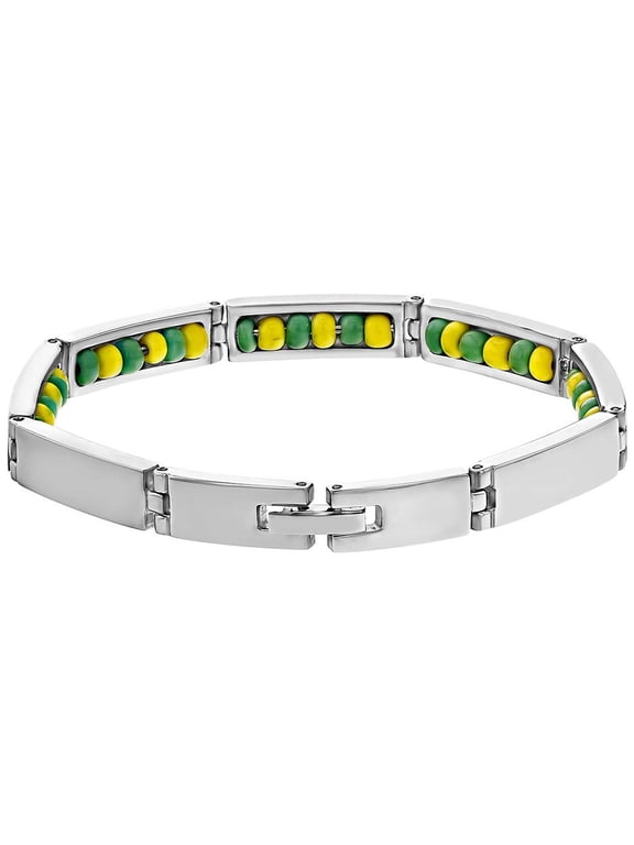 Stainless Steel Link Green & Yellow Beads Santeria Babalawo Orula Bracelet 7"