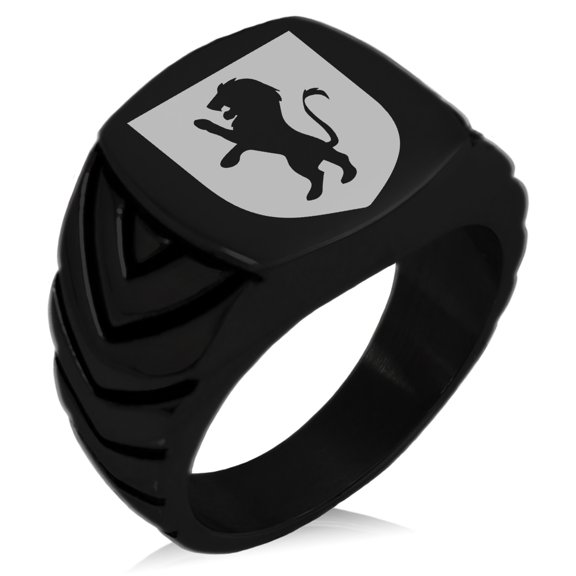 Stainless Steel Lion Courage Coat of Arms Shield Chevron Pattern Biker Style Polished Ring