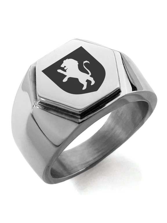 Stainless Steel Lion Courage Coat of Arms Shield Engraved Hexagon Crest Flat Top Biker Style Polished Ring