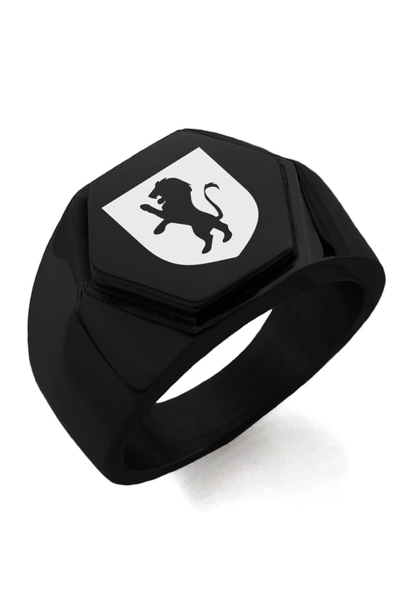 Stainless Steel Lion Courage Coat of Arms Shield Engraved Hexagon Crest Flat Top Biker Style Polished Ring