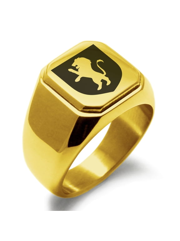 Stainless Steel Lion Courage Coat of Arms Shield Engraved Square Flat Top Biker Style Polished Signet Ring