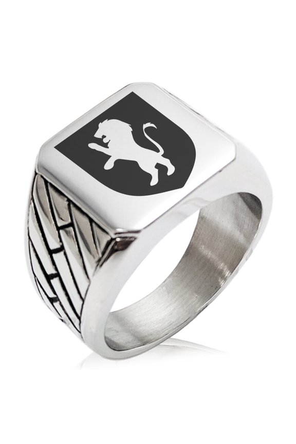 Stainless Steel Lion Courage Coat of Arms Shield Geometric Pattern Biker Style Polished Ring