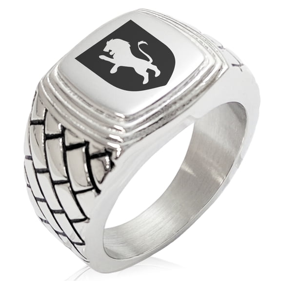 Stainless Steel Lion Courage Coat of Arms Shield Geometric Pattern Step-Down Biker Style Polished Ring