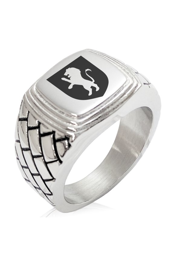 Stainless Steel Lion Courage Coat of Arms Shield Geometric Pattern Step-Down Biker Style Polished Ring