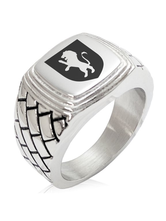 Stainless Steel Lion Courage Coat of Arms Shield Geometric Pattern Step-Down Biker Style Polished Ring