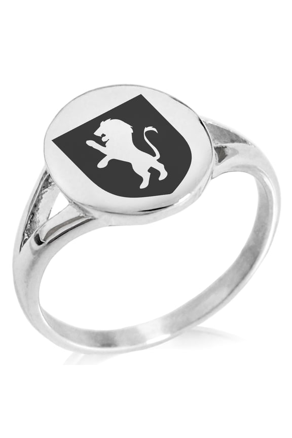 Stainless Steel Lion Courage Coat of Arms Shield Minimalist Oval Top Polished Statement Signet Ring