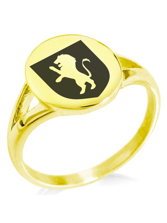 Stainless Steel Lion Courage Coat of Arms Shield Minimalist Oval Top Polished Statement Signet Ring
