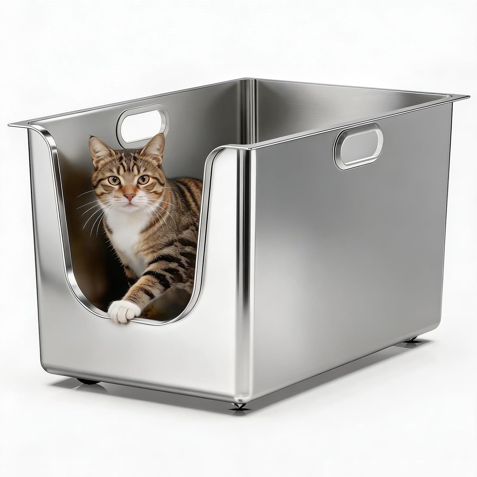 Stainless Steel Litter Box 11.8'' High Sides  Xl Metal Cat With Curved Low Entry Pan For Big & Multiple Cats Pet Toliet Handy Wheels Easy Moving