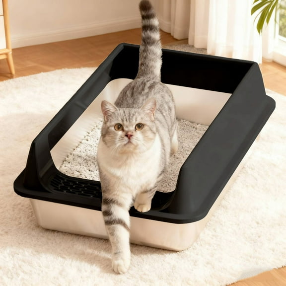 Stainless Steel Litter Box - 15.8"×11.8"×5.9" High Sided Cat Pan, Non-Stick & Odor Proof - Easy Clean Metal Tray with Low Tracking & Scoop