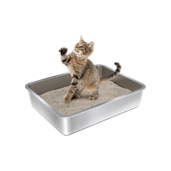 Stainless Steel Litter Box, 17.7"L x 13.77"W x 4"H Metal Cat Litter Box Non Stick No Smell Easy Clean, Low Entry Litterbox for Kitten, Elderly Cats, Bunny, Silver