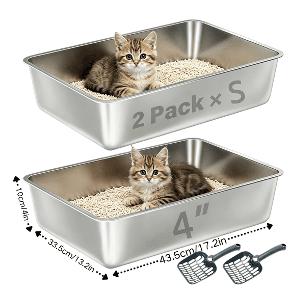Stainless Steel Litter Box 2 Pack, 17"x13"x4"(Height) Medium to Large Cat Litter Box Easy Clean, Non Stick Metal Litters Boxes No Smell for Full-Grown Cats or Kitty/Kitten