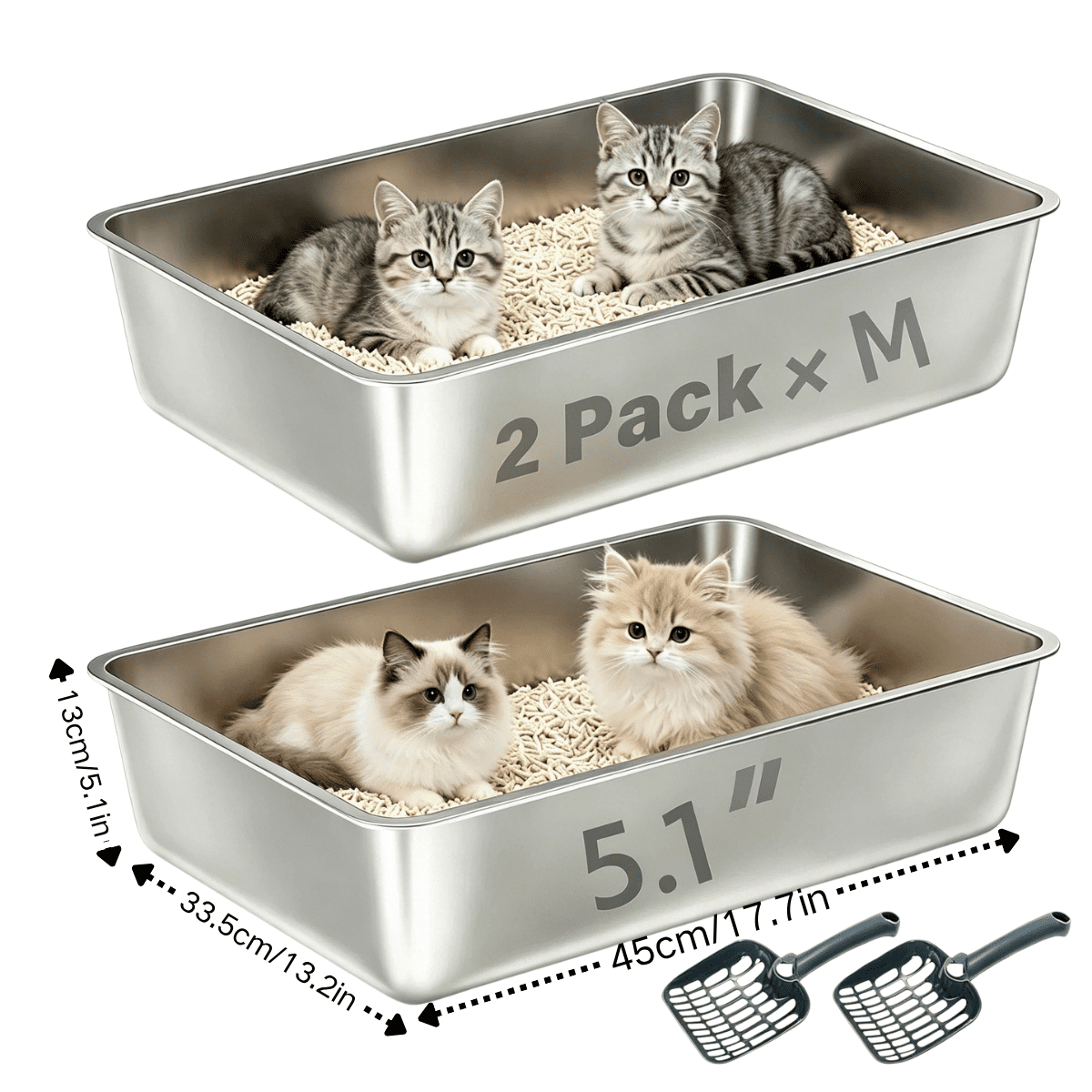 Stainless Steel Litter Box 2 Pack, 17"x13"x5"(Height) Medium to Large Cat Litter Box Easy Clean, Non Stick Metal Litters Boxes No Smell for Full-Grown Cats or Kitty/Kitten