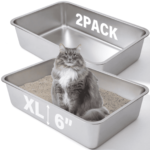 Stainless Steel Litter Box 2 Pack, 23.6x15.7"x6" Deep Stainless Steel Cat Litter Box Extra Large, XL Metal Litterbox for Big Cats with High Sides, Non Stick Surface, Easy to Clean