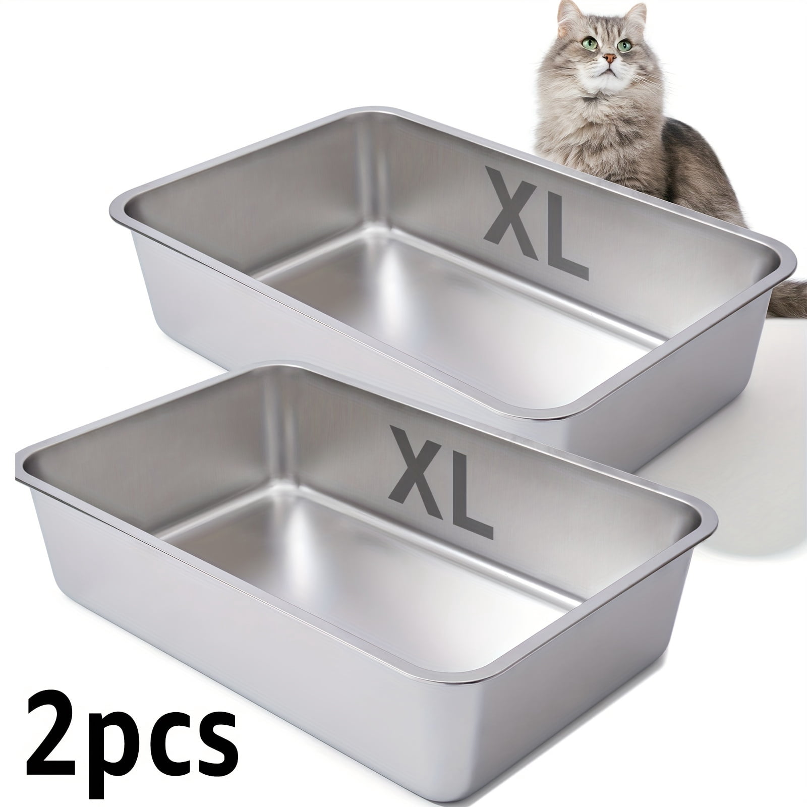 Stainless Steel Litter Box 2 Pack, 23.6"x15.8"x6"(Height) Medium to Large Cat Litter Box Easy Clean, Non Stick Litters Boxes No Smell for Adult Cats or Kitty/Kitten