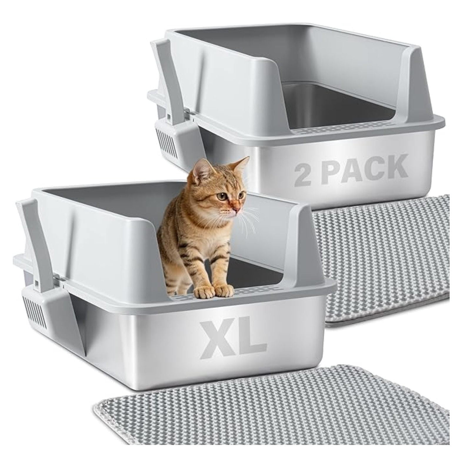 Stainless Steel Litter Box 2 Pack, XL Metal Litter Box with Lid, Extra Large Cat Litter Boxes for Big Cats with High Sides, Easy Cleaning, Non Stick, No Smell, Include and Mat
