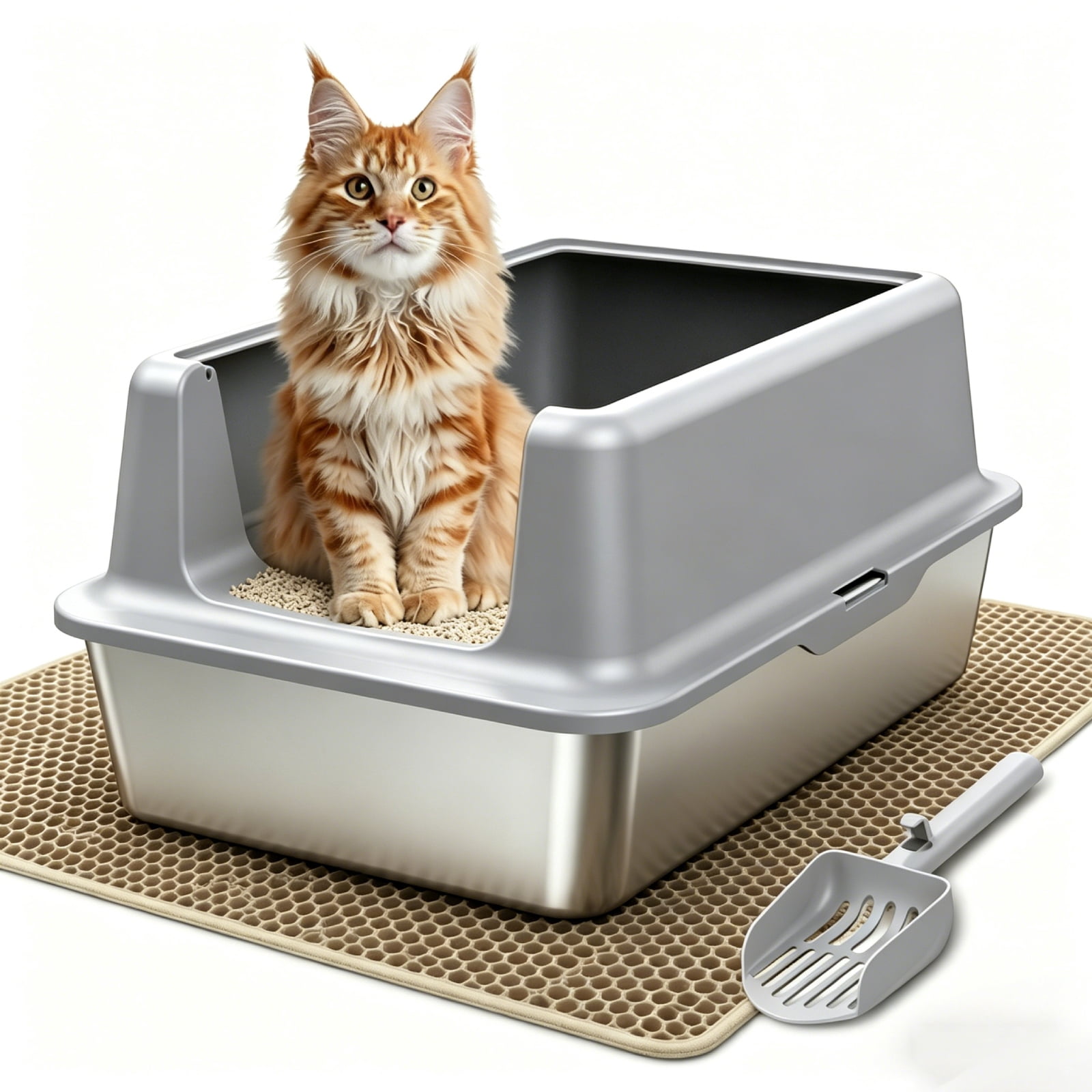 Litter Box with Large Litter Mat for All Cats, Upgraded Stainless Steel 23.6" Cat Litter Tray, High-Sided Open Top Cat Litter Box with Scoop, Anti-Scratch