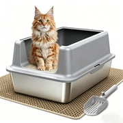 Litter Box with Large Litter Mat for All Cats, Upgraded Stainless Steel 23.6" Cat Litter Tray, High-Sided Open Top Cat Litter Box with Scoop, Anti-Scratch