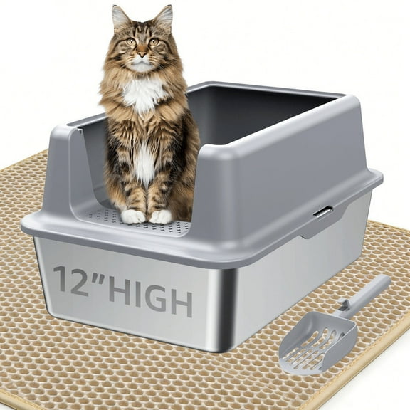 HUTACT Large Cat Litter Box Stainless Steel, 29.5" Cat Litter Tray Litter Mat High-Sided Open Top Cat Litter Box with Scoop