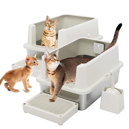 Stainless Steel Litter Box: Beige Leakproof Open Top Tray - Heavy Duty Odor Resistant- Teflon Non-stick Coating Cleaning With Deodorizer 2 Pack For Laundry Room Restroom