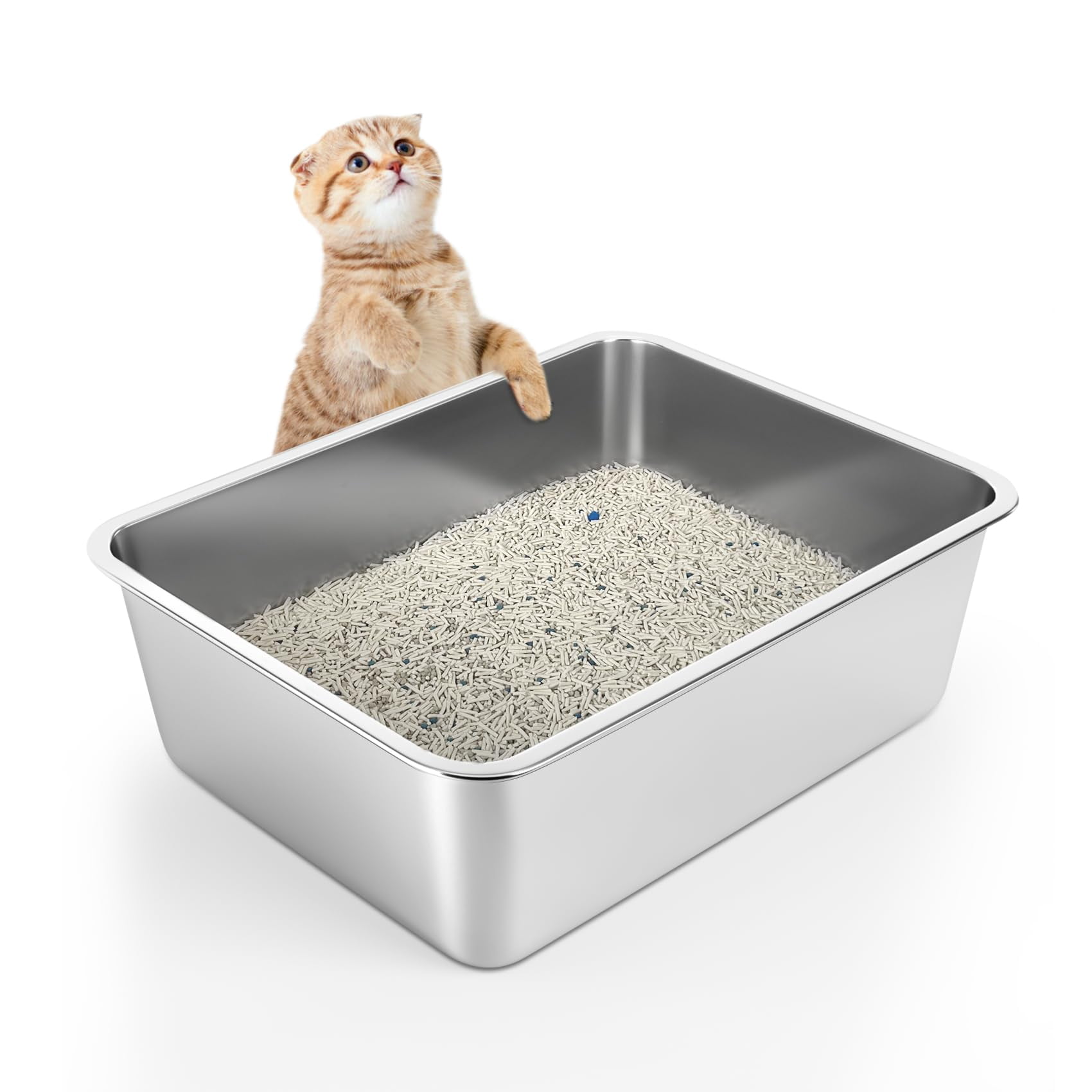 Stainless Steel Litter Box - Cat Easy To Clean  Never Absorbs Odor Stains Or Rusts (17.7" L X 13.5" W 6" H)