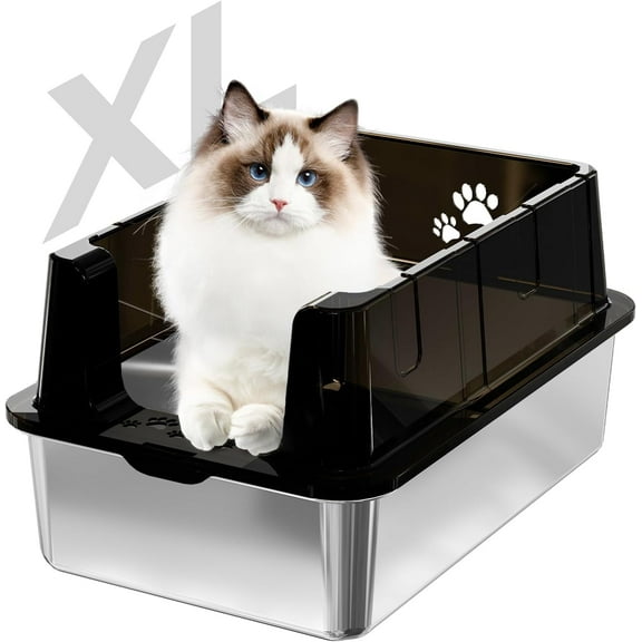 Stainless Steel Litter Box,Cat Litter Box Enclosure Devise,Large Litter Box Thickened Material,Size 24 * 16 * 12 inches,Capacity 20IB,Comes with Spatula - Black