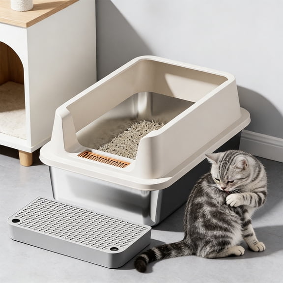 Stainless Steel Litter Box, Cat Litter Box with High Sided Plastic Enclosure, Open Top Leak Proof Metal Kitty Litter Pan with Step On Platforms and Litter Spade for Indoor Cats, 19.7"×14"×8"