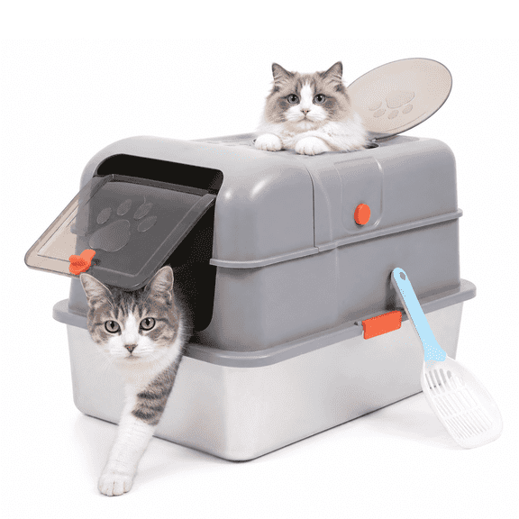 Stainless Steel Litter Box,Cat Litter Box with Lid for Large Cats & Multiple Cats, Odor Control, Anti-Leak & Easy Clean, Round Top