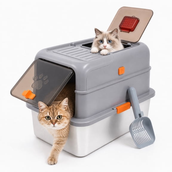 OKYWOH Stainless Steel Cat Litter Box with Lid,Large Enclosed Litter Box with Scoop,Stain and Rust Resistant for Large Cats & Multiple Cats, Odor Control, Anti-Leak & Easy Clean