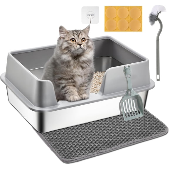 Stainless Steel Litter Box - Cat Metal Litter Box with Splash-Proof Lid, Easy Cleaning & Odor-Less Stainless Steel Cat Litter Box with Double Layer Litter Mat, Litter Scoop, Brush, 20” x14”