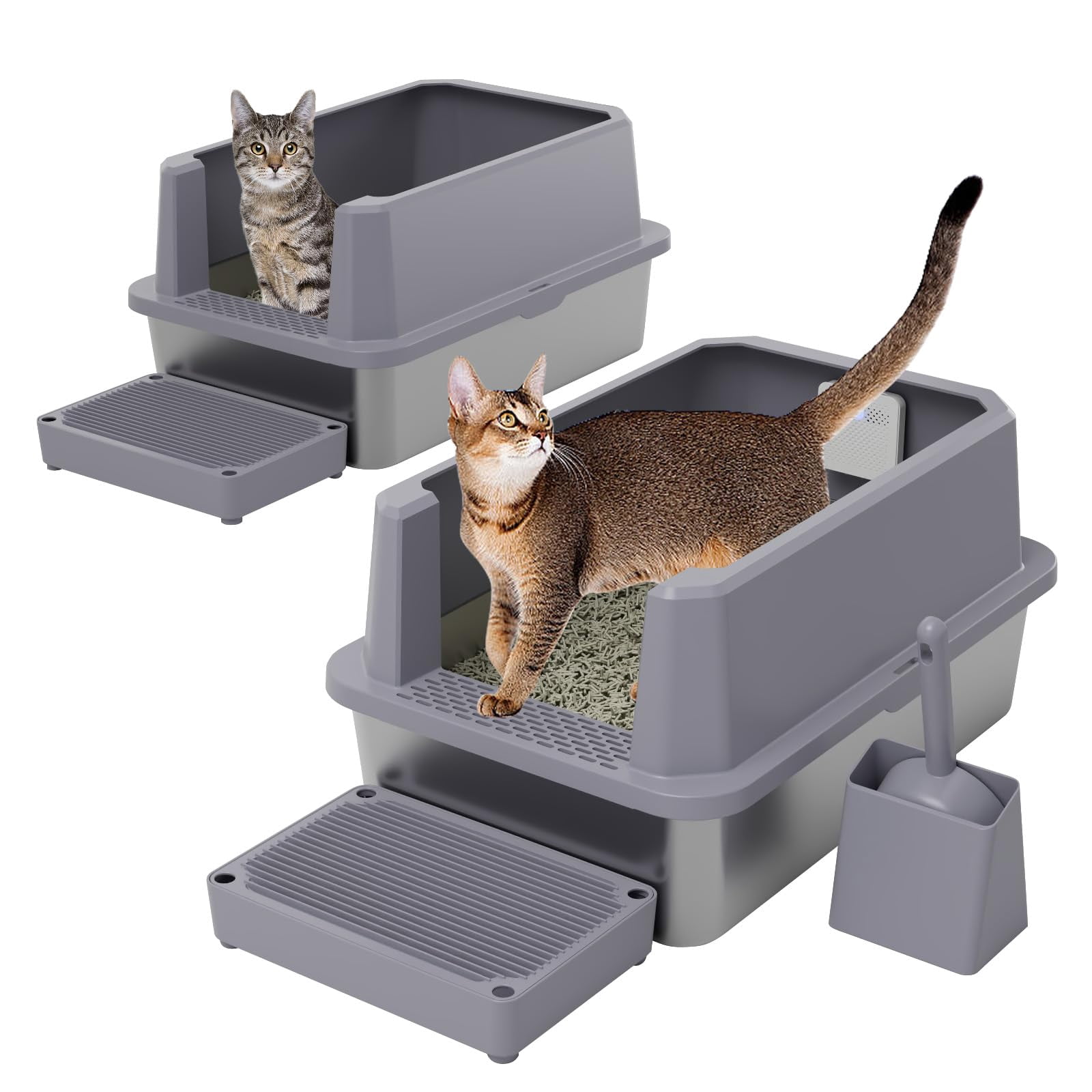 Stainless Steel Litter Box For Cats: Gray Leakproof Open Top Tray - Teflon Non-stick Coating Large Size Odor Control Cats Under 20 Lbs With Deodorizer 2 Pack