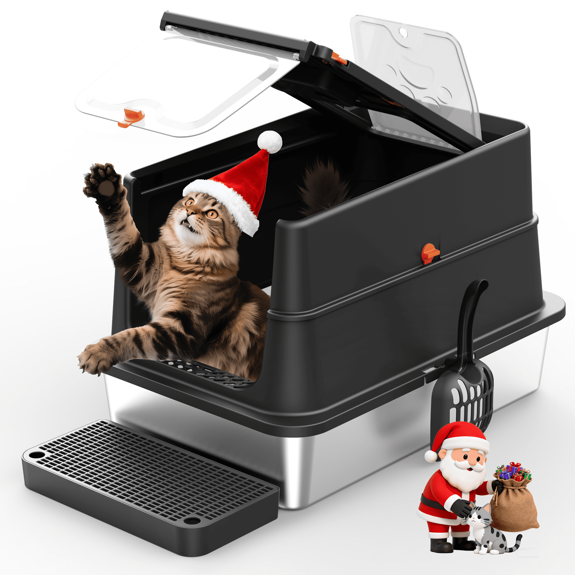 Stainless Steel Litter Box: Enclosed Cat Litter Box with Flip Lid Self Cleaning and High Sided Top Entry Design, XL Extra Large Metal Kitty Litter Pan Tray for Big Cats, Built-In Carbon Filter Pouch