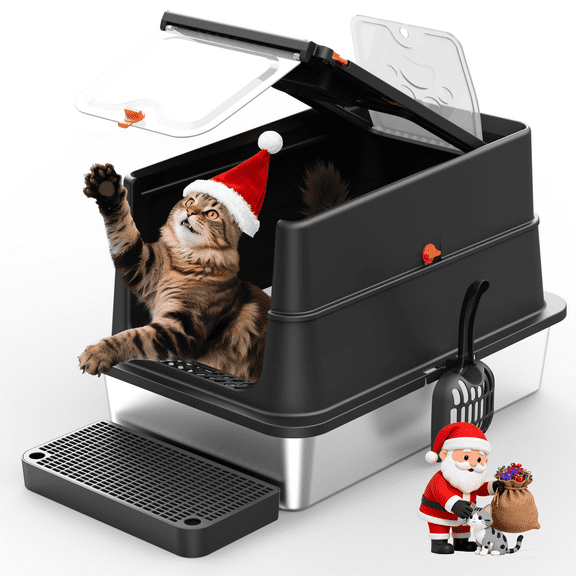 Stainless Steel Litter Box: Enclosed Cat Litter Box with Flip Lid Self Cleaning and High Sided Top Entry Design, XL Extra Large Metal Kitty Litter Pan Tray for Big Cats, Built-In Carbon Filter Pouch