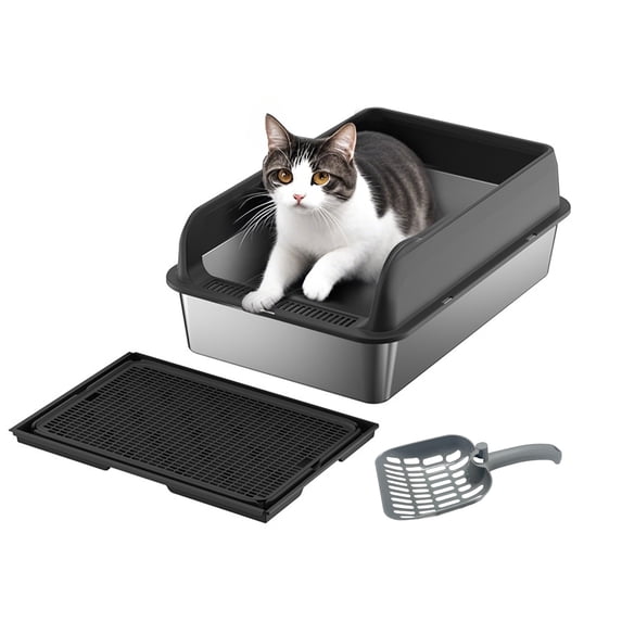 Stainless Steel Litter Box, Enclosed Cat Litter Box With Lid, High Sided Metal Litter Box With Scoop And Double Layer Litter Mat For Big Cats, Easy Cleaning