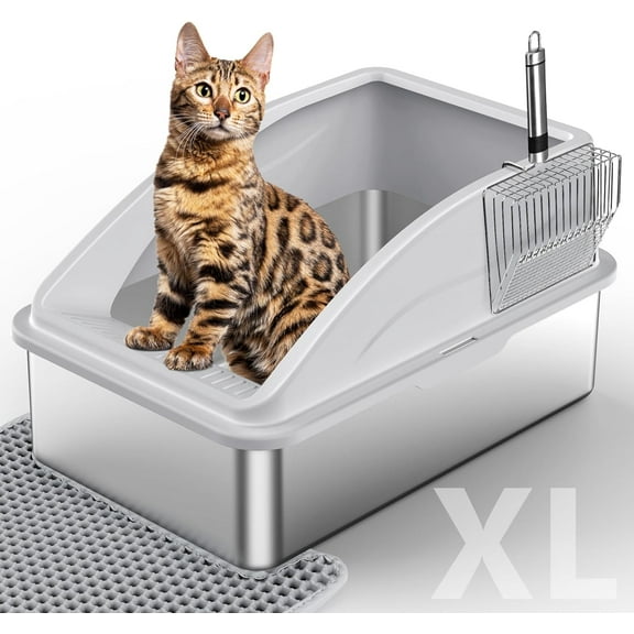 Stainless Steel Litter Box, Extra Large Litter Boxes for Big Cats, XL Metal Cat Litter Box with Lid, Anti-Urine Leakage, Non-Sticky, Include Cat Mat and Litter Scoop