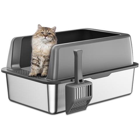Stainless Steel Litter Box, High Sided Cat Litter Box, Metal Litter Pan with Lid, Extra Large Litter Box with Scoop, Dark Gray