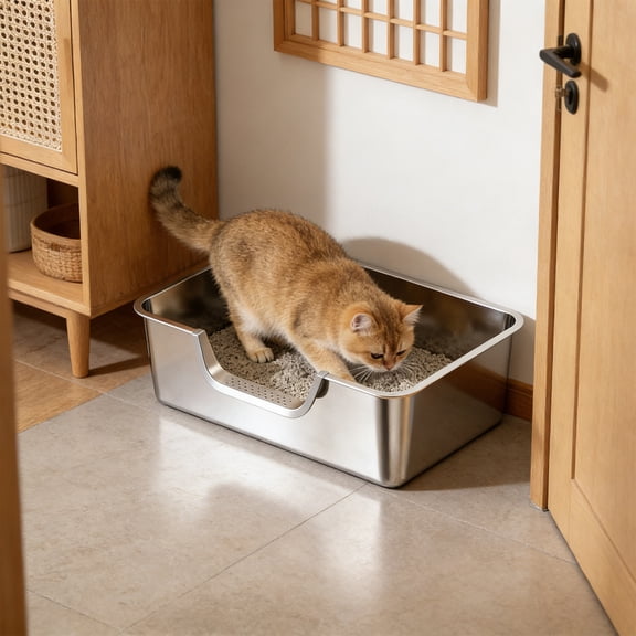 Stainless Steel Litter Box with High Sides, 17.7" L X 13.8" W X 5.9" H, Extra Large Jumbo Cat Litter Box, Kitty Metal Liter Box for Indoor Big Cat, Non-Sticky, Anti-Leakage (Entry on Long Side)