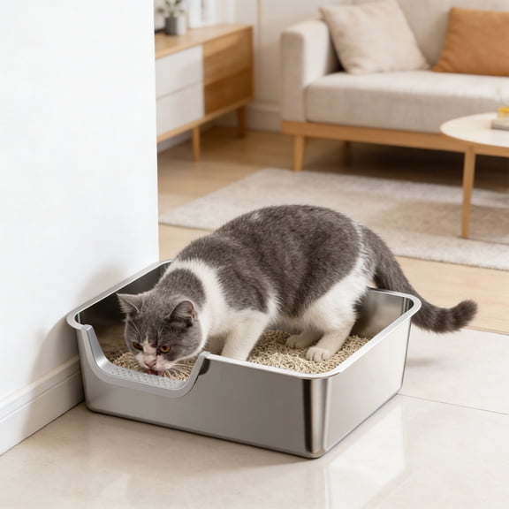 Stainless Steel Litter Box with High Sides, 19.7" L X 13.8" W X 5.9" H, Extra Large Jumbo Cat Litter Box, Kitty Metal Liter Box for Indoor Big Cat, Non-Sticky, Anti-Leakage (Entry on Long Side)