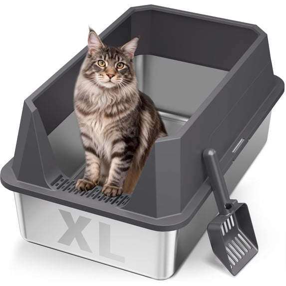 Stainless Steel Litter Box with High Sides, XL | High Sided Cat Litter Pan, Open Top Extra Large Metal Cat Litter Box, Non-Stick, Odor Free, Leakproof, Scoop Included, Gray
