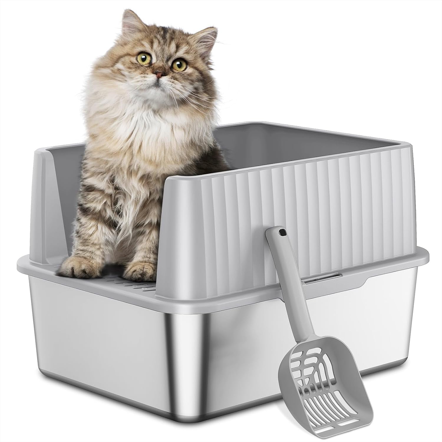 Stainless Steel Litter Box for Kittens, Small Cat Litter Box 17" L x 13" W x 11.8" H, Metal Kitty Litter Box with High Sides, Light Grey (Non-Sticky, Easy to Clean, Anti-Urine Leakage)