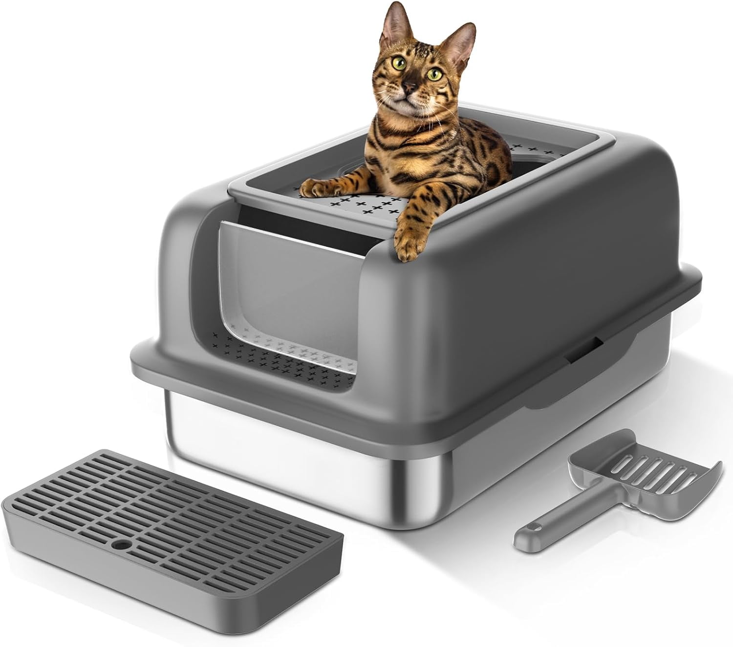 Stainless Steel Litter Box Large Metal Cat Litter Box with Lid Metal Litter Box High Wall Sides Enclosure,Non-Sticky,Anti-Leakage,Easy Cleaning
