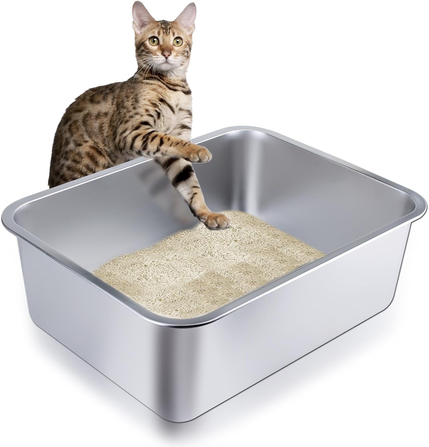 Stainless Steel  Litter Box - Large Metal High-Sided Pan for Cats, Pets, Non-Stick, Odor-Free, Easy to Clean, Splash-Proof, Durable (23.6" L x 15.8" W x 6" H)